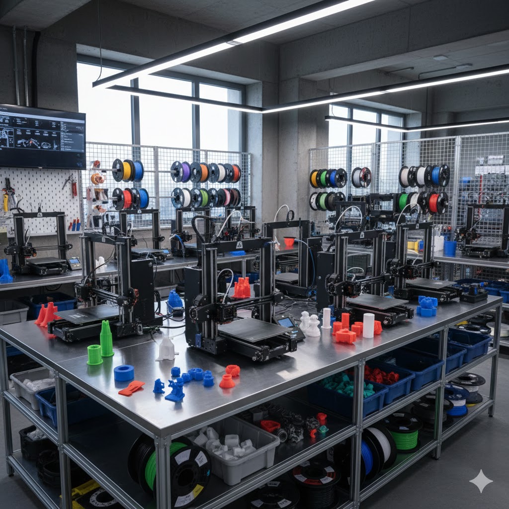 Xưởng in 3D chuyên nghiệp với các máy in đang hoạt động